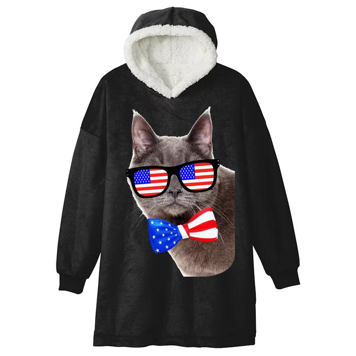 American Cat With USA Glasses And Bow Tie Hooded Wearable Blanket