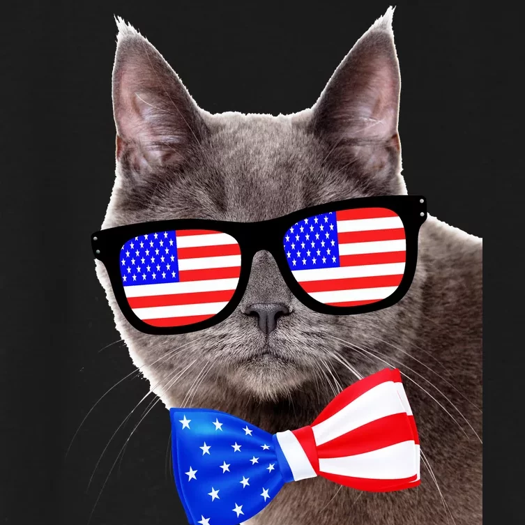 American Cat With USA Glasses And Bow Tie Women's Crop Top Tee