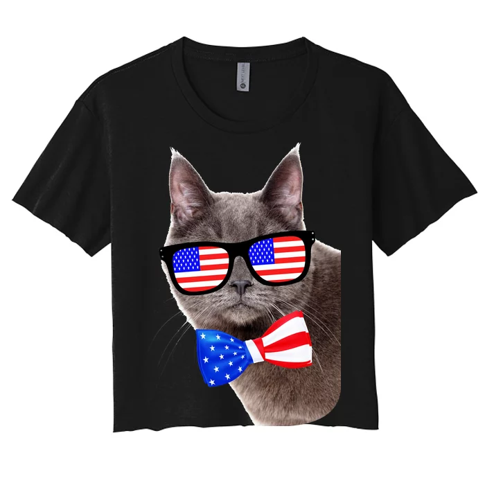 American Cat With USA Glasses And Bow Tie Women's Crop Top Tee