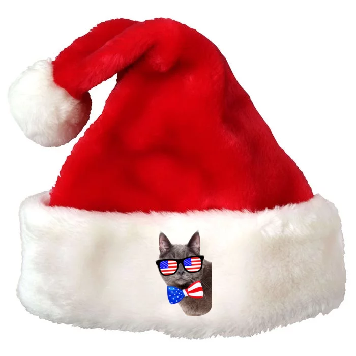 American Cat With USA Glasses And Bow Tie Premium Christmas Santa Hat