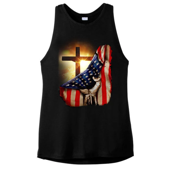 American Christian Cross Patriotic Flag Ladies Tri-Blend Wicking Tank