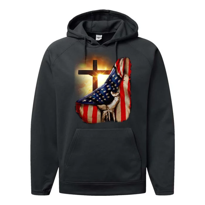 American Christian Cross Patriotic Flag Performance Fleece Hoodie