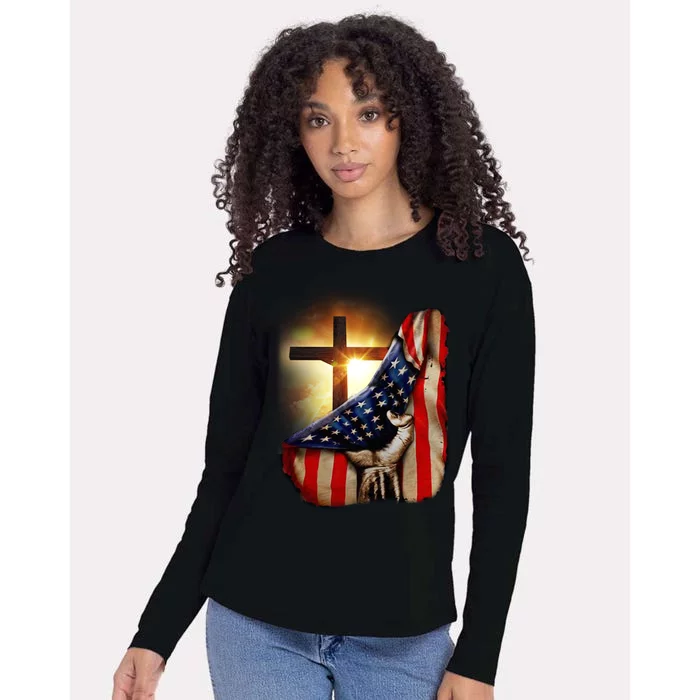 American Christian Cross Patriotic Flag Womens Cotton Relaxed Long Sleeve T-Shirt