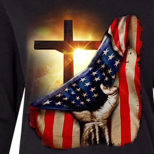 American Christian Cross Patriotic Flag Womens Cotton Relaxed Long Sleeve T-Shirt