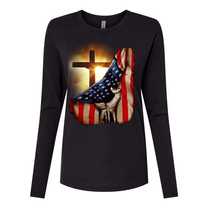 American Christian Cross Patriotic Flag Womens Cotton Relaxed Long Sleeve T-Shirt