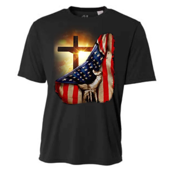 American Christian Cross Patriotic Flag Cooling Performance Crew T-Shirt