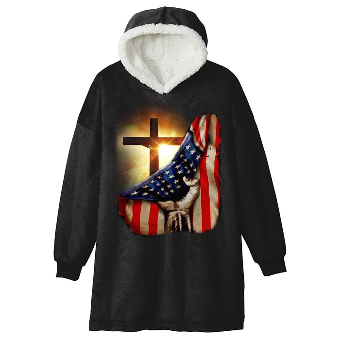 American Christian Cross Patriotic Flag Hooded Wearable Blanket