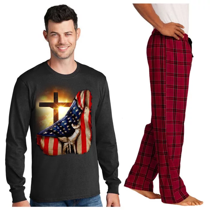 American Christian Cross Patriotic Flag Long Sleeve Pajama Set