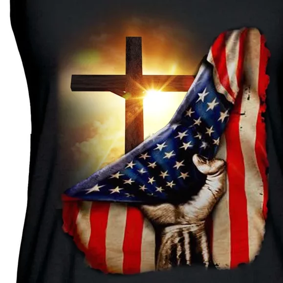 American Christian Cross Patriotic Flag Ladies Essential Flowy Tank