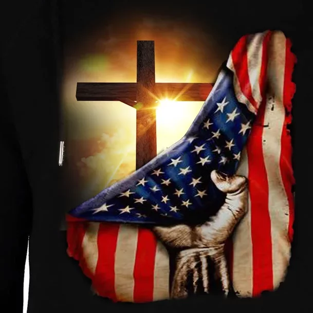 American Christian Cross Patriotic Flag Womens Funnel Neck Pullover Hood