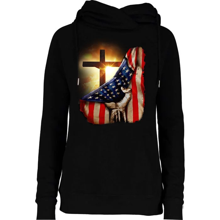 American Christian Cross Patriotic Flag Womens Funnel Neck Pullover Hood