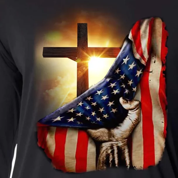 American Christian Cross Patriotic Flag Cooling Performance Long Sleeve Crew