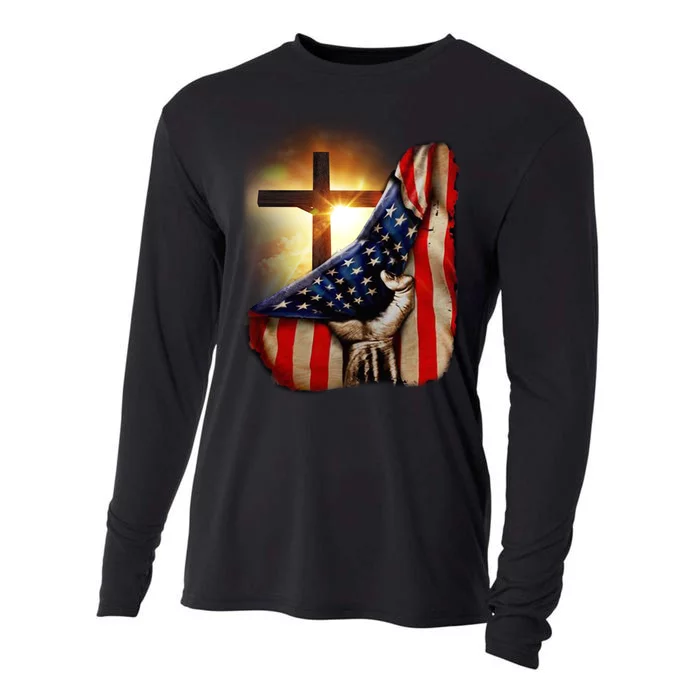 American Christian Cross Patriotic Flag Cooling Performance Long Sleeve Crew