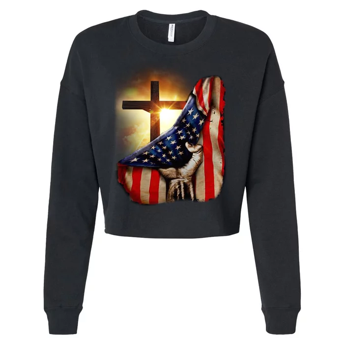 American Christian Cross Patriotic Flag Cropped Pullover Crew