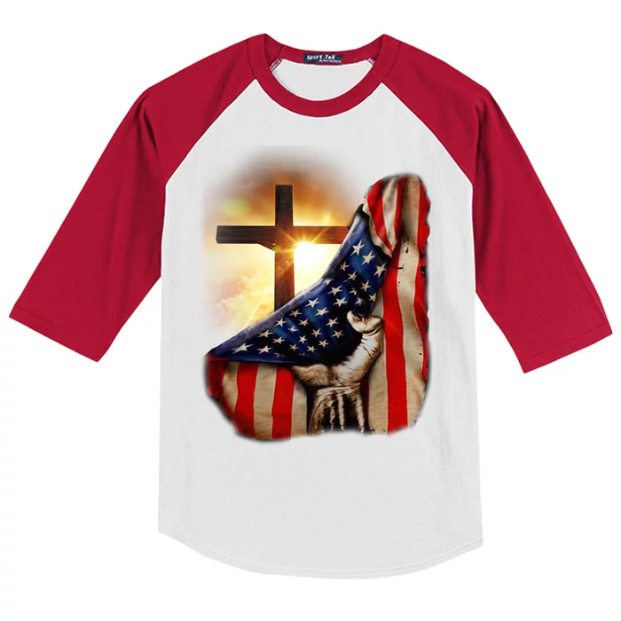 American Christian Cross Patriotic Flag Kids Colorblock Raglan Jersey