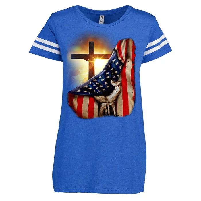 American Christian Cross Patriotic Flag Enza Ladies Jersey Football T-Shirt