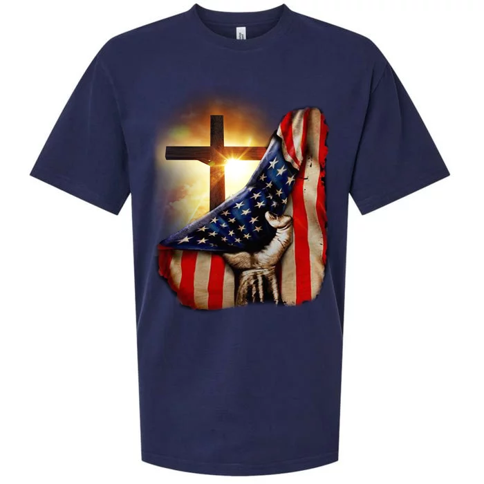 American Christian Cross Patriotic Flag Sueded Cloud Jersey T-Shirt