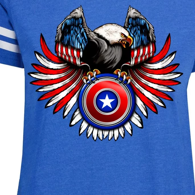 American Eagle Super Hero Shield USA Flag Wings Enza Ladies Jersey Football T-Shirt