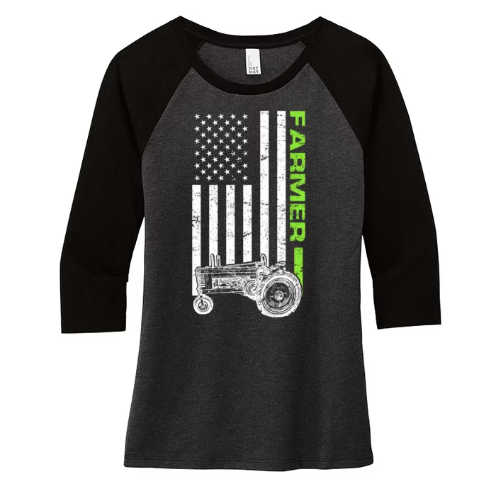 American Farmer USA Tractor Flag Women's Tri-Blend 3/4-Sleeve Raglan Shirt