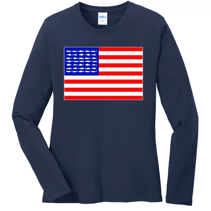 American Fishing Flag Ladies Long Sleeve Shirt