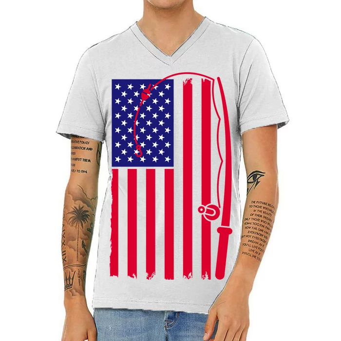 American Fishing Rod & Hook Flag V-Neck T-Shirt