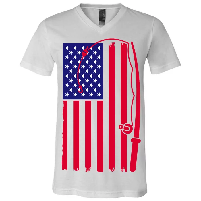 American Fishing Rod & Hook Flag V-Neck T-Shirt