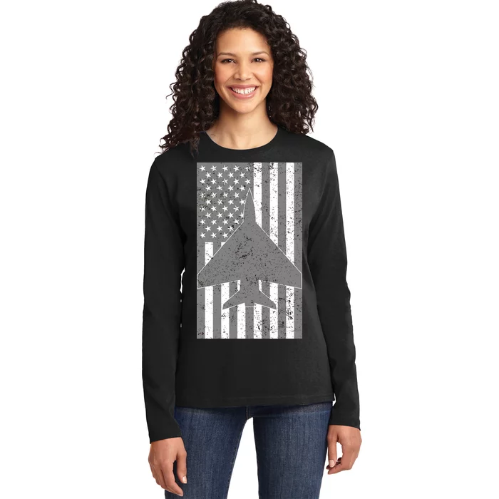 American Flag Airplane Pilot Ladies Long Sleeve Shirt