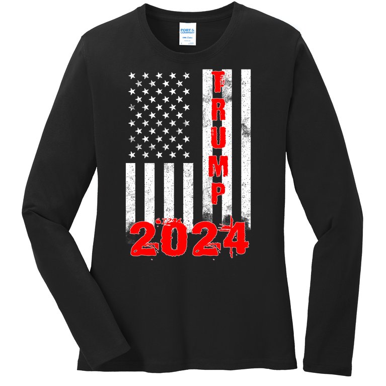 American Flag Design Trump 2024 Ladies Missy Fit Long Sleeve Shirt