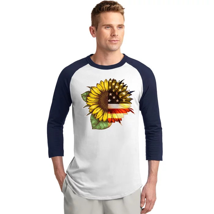 American Flag Sunflower Baseball Sleeve Shirt