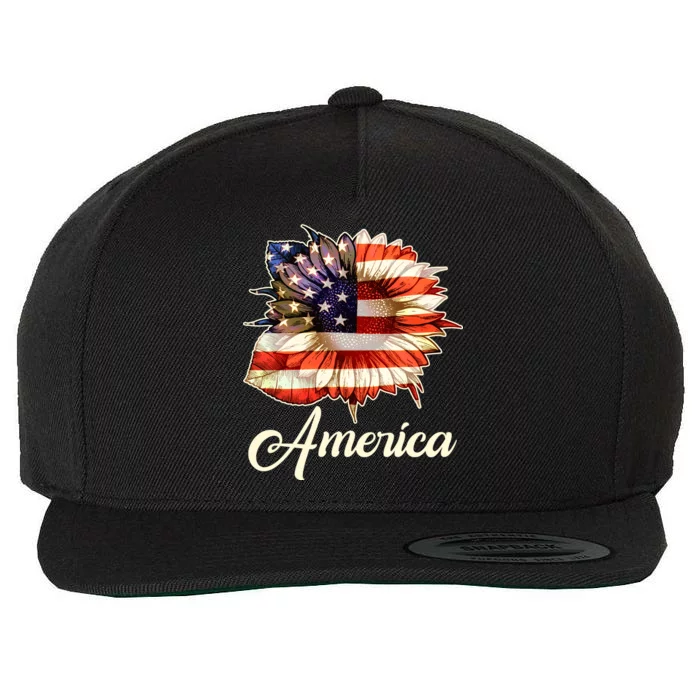 American Flag Sunflower USA Wool Snapback Cap