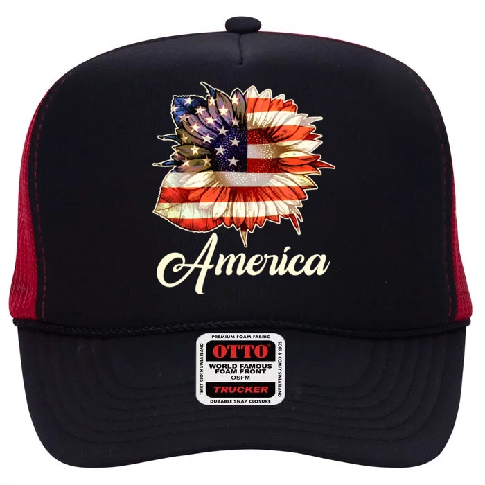 American Flag Sunflower USA High Crown Mesh Trucker Hat