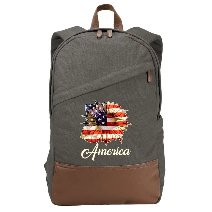 American Flag Sunflower USA Cotton Canvas Backpack