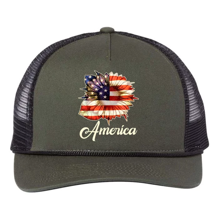 American Flag Sunflower USA Retro Rope Trucker Hat Cap