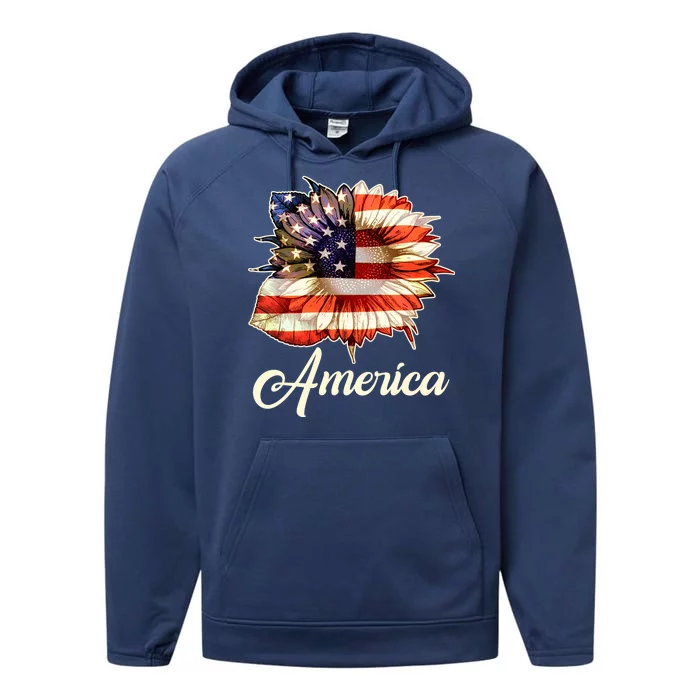 American Flag Sunflower USA Performance Fleece Hoodie