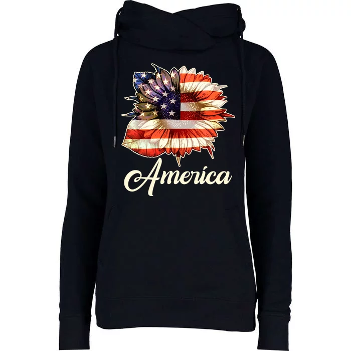 American Flag Sunflower USA Womens Funnel Neck Pullover Hood