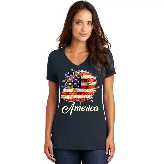 American Flag Sunflower USA Women's V-Neck T-Shirt