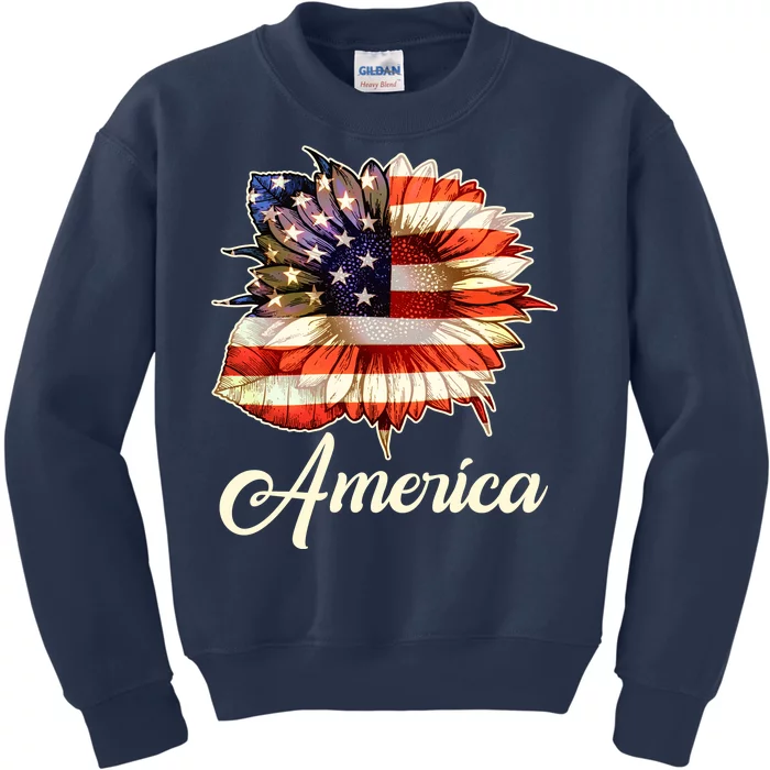 American Flag Sunflower USA Kids Sweatshirt