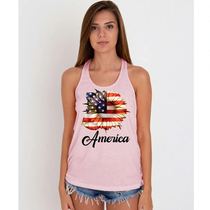 American Flag Sunflower USA Women's Knotted Racerback Tank