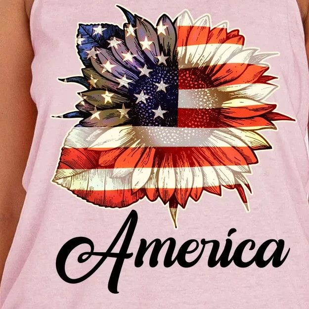 American Flag Sunflower USA Women's Knotted Racerback Tank