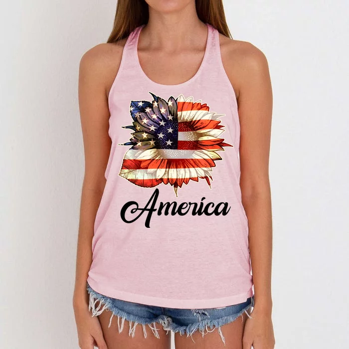 American Flag Sunflower USA Women's Knotted Racerback Tank