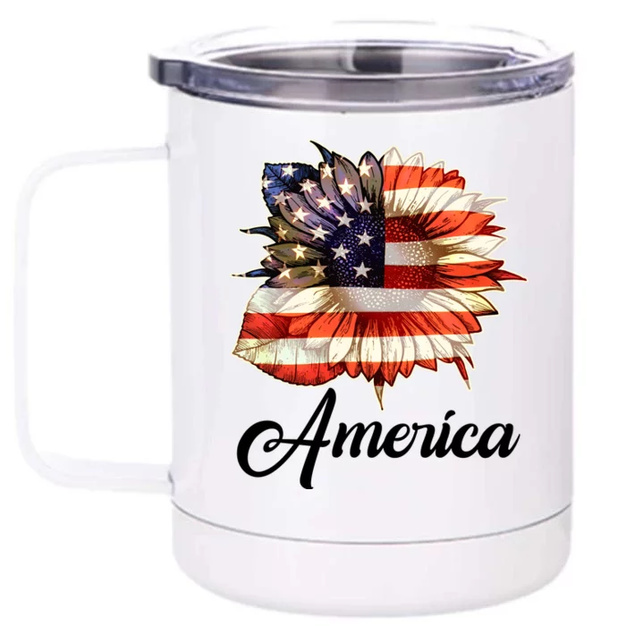 American Flag Sunflower USA Front & Back 12oz Stainless Steel Tumbler Cup