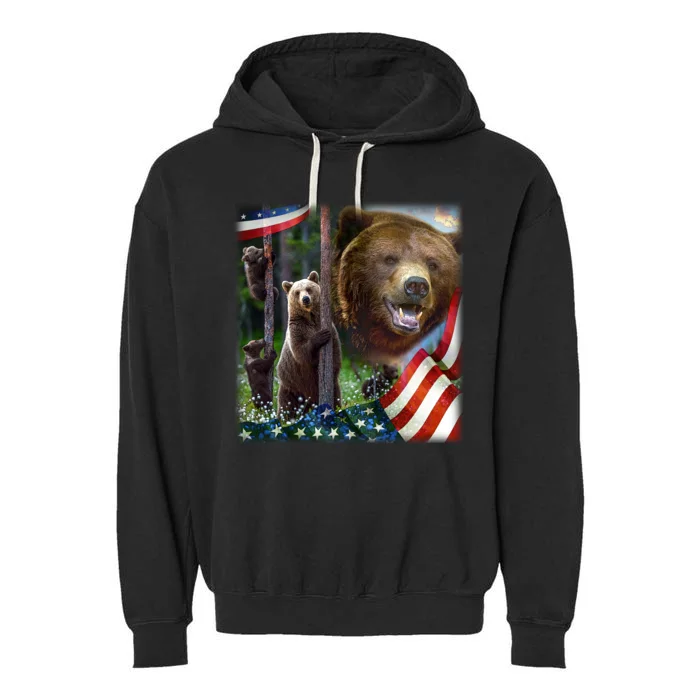 American Grizzly American Flag Bear Family Garment-Dyed Fleece Hoodie