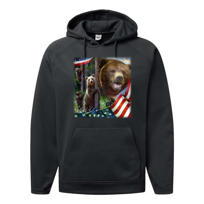 American Grizzly American Flag Bear Family Performance Fleece Hoodie