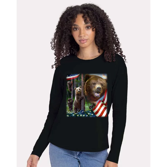 American Grizzly American Flag Bear Family Womens Cotton Relaxed Long Sleeve T-Shirt