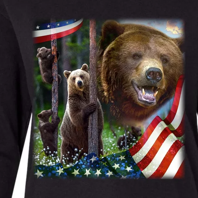 American Grizzly American Flag Bear Family Womens Cotton Relaxed Long Sleeve T-Shirt