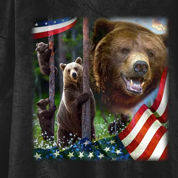 American Grizzly American Flag Bear Family Hooded Wearable Blanket