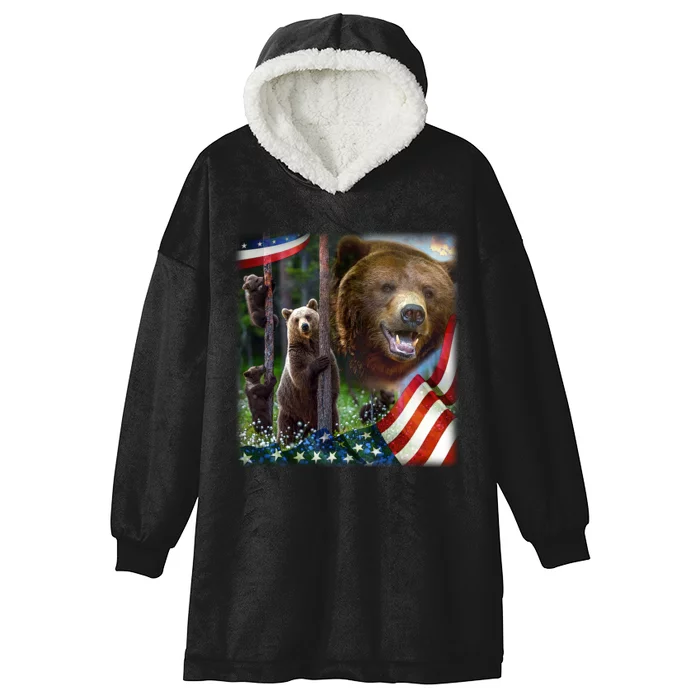 American Grizzly American Flag Bear Family Hooded Wearable Blanket