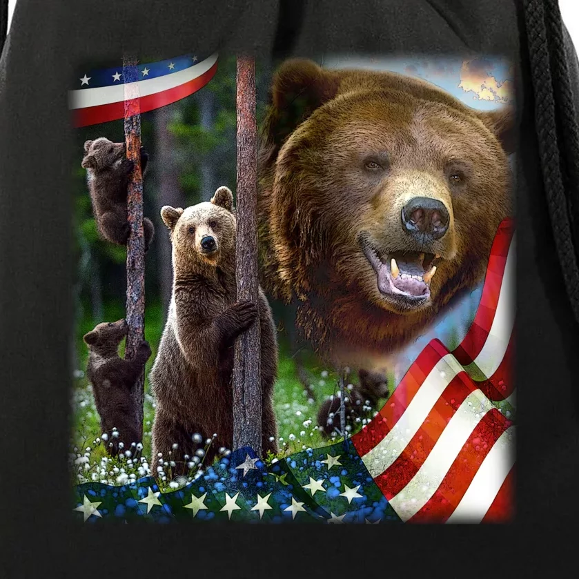 American Grizzly American Flag Bear Family Drawstring Bag