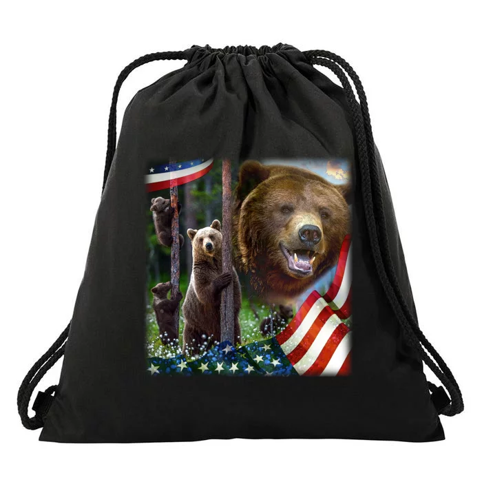 American Grizzly American Flag Bear Family Drawstring Bag