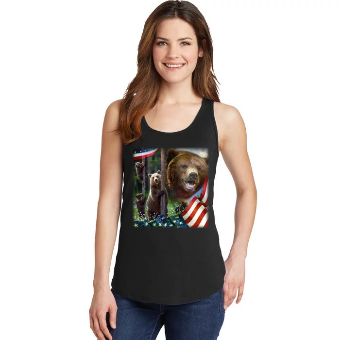 American Grizzly American Flag Bear Family Ladies Essential Tank